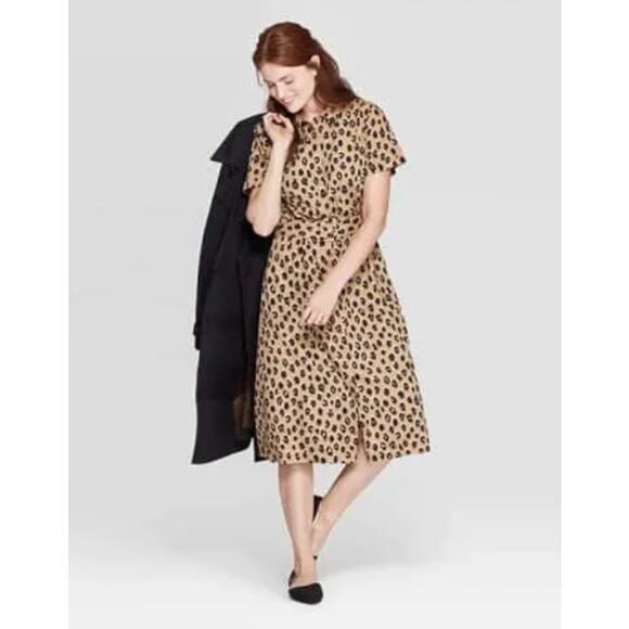 A New Day Shirtdress Brown Women S Leopard Print Short Sleeve Collared Button Up - Picture 2 of 9